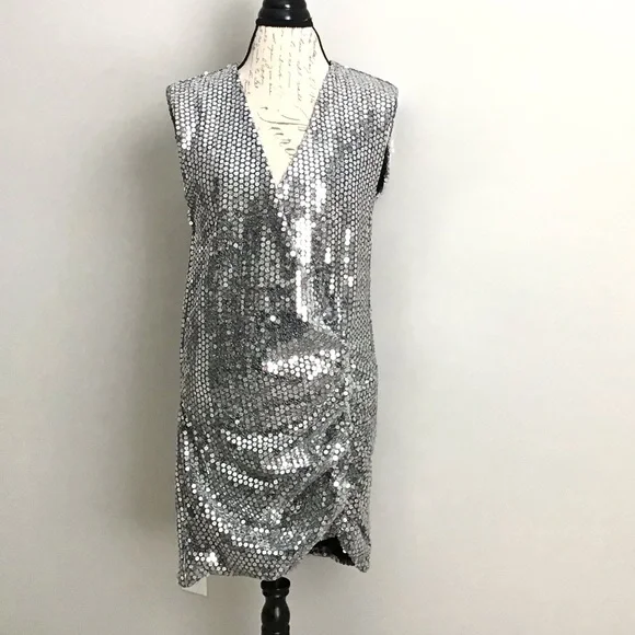 ZARA Draped Silver Sequin Dress - Picture 2 of 16